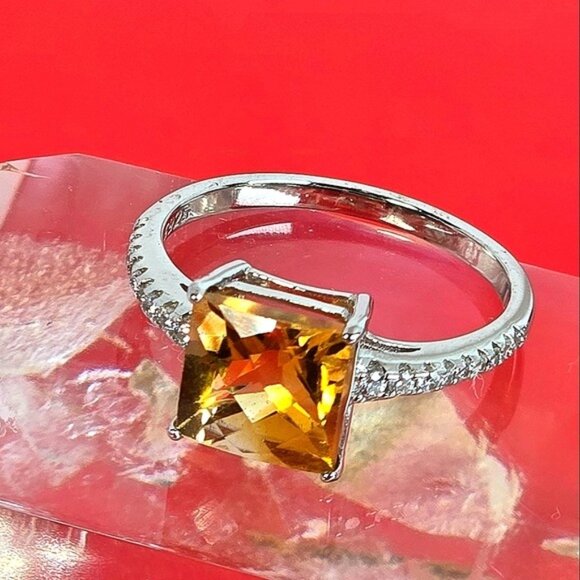 925 Sterling Silver Ring Sz 7 with Natural Princess Cut Citrine Gemstone - Picture 10 of 11